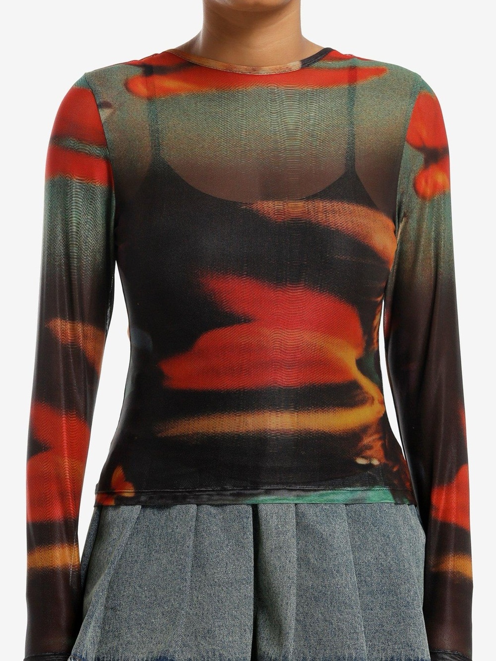 Thorn & Fable Long Sleeve Floral and Butterfly Print Mesh Top